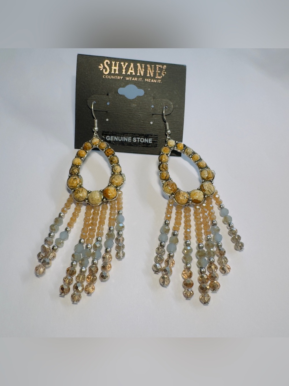 9cm. Shyanne Gold and Beige Beaded Teardrop Fringe Earrings